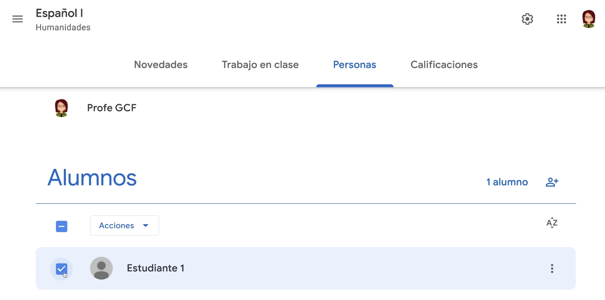 Seleccionar estudiante para activar y realizar acciones permitidas en pestaña Personas de Google Classroom.